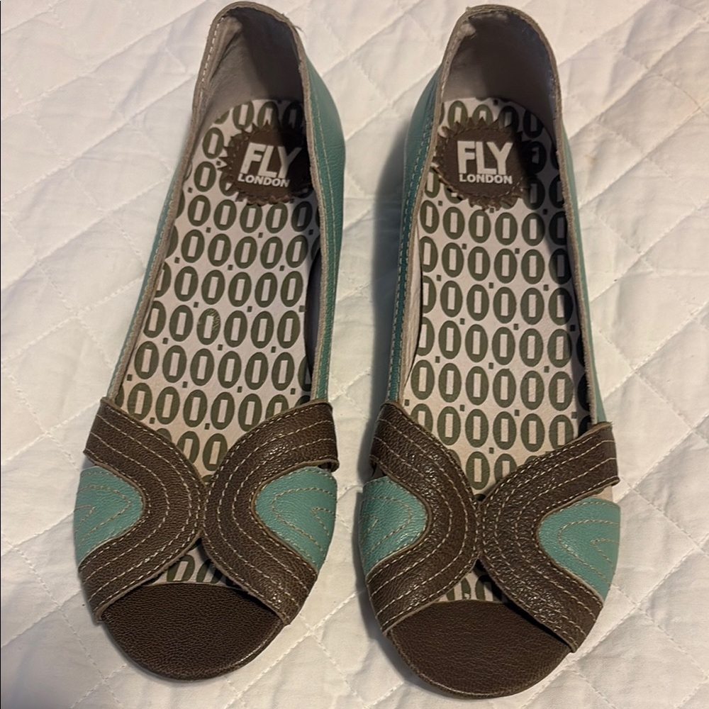 Fly London Blue and Brown Flats with Geometric Cutouts